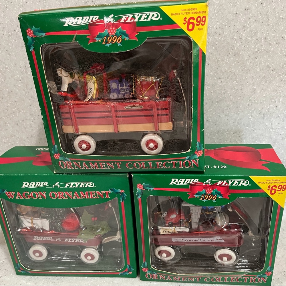 3 Vtg Radio Flyer WAGON Ornaments 1995 & 1996 NIB Models #100, #110,#120 READ